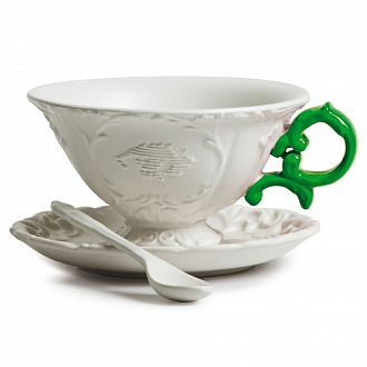 Изображение товара Чайная пара с ложкой I-Wares, белая/зеленая